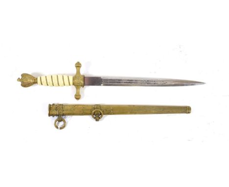 A German Third Reich Naval Dirk, the 25cm double edge steel blade with two narrow fullers to each side, etched with fouled an