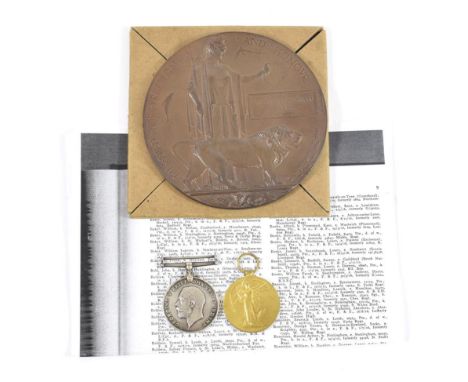 A First World War Pair and Memorial Plaque, awarded to 34985 PTE.WILLIAM INGRAM BAKER, M.G.C., the plaque with cardboard enve