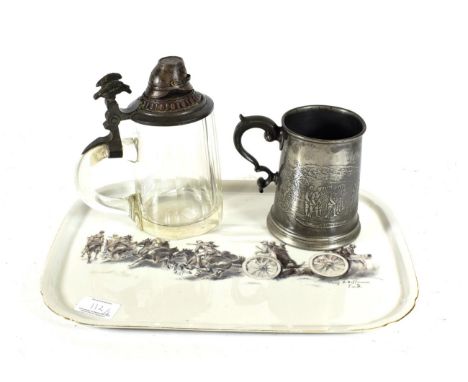 An Early 20th Century Bohemian Slice Cut Glass Stein, the hinged pewter cover with shako finial, eagle thumbpiece, 18 cm high