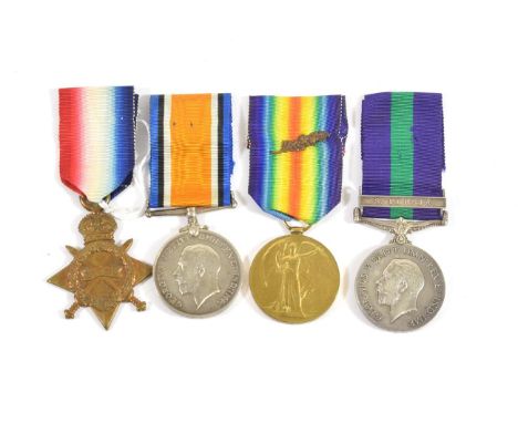 A First World War Trio of 1914-15 Star, British War Medal and Victory Medal (MID) and a General Service Medal 1918-62, with c