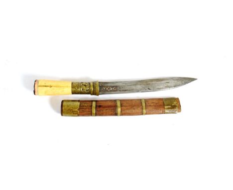 A Burmese Dha Knife, the 14cm single edge slightly curved steel blade inlaid at the ricasso with tendrils in copper and silve