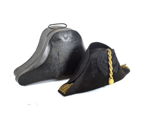 An Early 20th Century Naval Black Silk Bicorn Hat, with black lace trim, petersham rosette and twisted gold gimp cockade, the