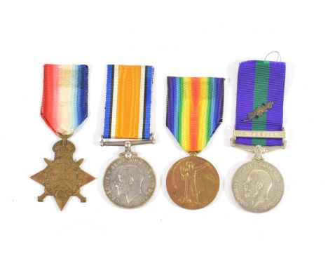 A First World War Trio of 1914 Star, British War Medal and Victory Medal and a General Service Medal 1918-62, with MID oak le