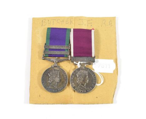 A General Service Medal 1962, with two clasps NORTHERN IRELAND and DHOFAR, and Army Long Service and Good Conduct Medal, with