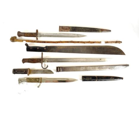 A Collection of Five Edged Weapons, comprising:- a German Third Reich parade bayonet by Eickhorn, with stag horn grip scales 