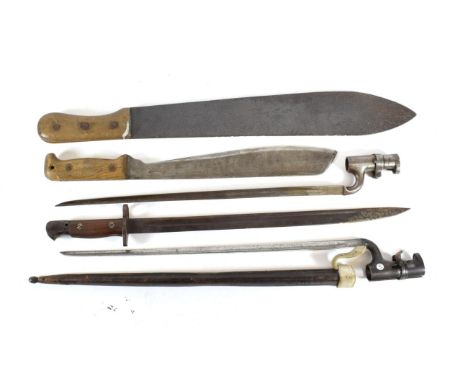 Three Bayonets:- a Victorian 1853 pattern socket bayonet, lacks scabbard; a British 1907 SMLE bayonet, lacks scabbard; a Belg