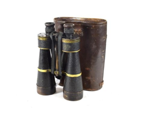A Pair of British Naval 12 x L25 Binoculars by E Leitz, Wetzlar, in black enamelled brass with crinkled leather grips, the to