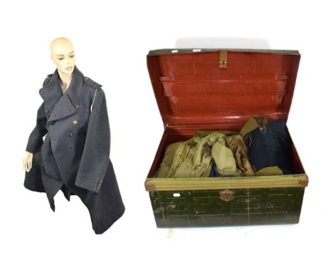 A Quantity of Military Part Uniforms,  comprising a Second World War RAF greatcoat, with brass buttons and shoulder rank stra