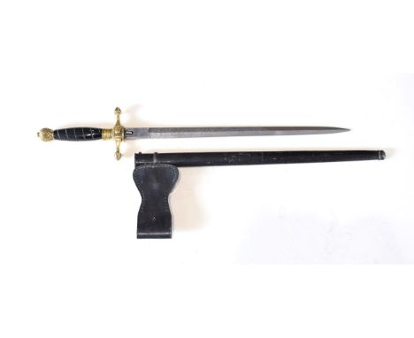 A German Fire Official's Dagger, the 33.5cm double edge steel blade etched with martial trophies within foliate strapwork, th