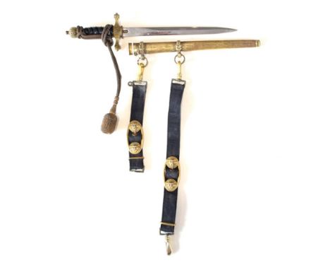 An Imperial German 1921 Pattern Naval Dirk, with 23cm plain double edge steel blade, brass hilt with fouled anchor and push b