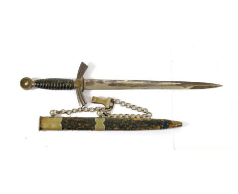 A German Third Reich Luftwaffe Dagger, First Pattern, the 30.5cm double edge nickel plated steel blade faintly etched with ma