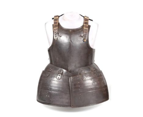 An English Civil War Pikeman's Corslet, the peascod breastplate with rolled edge, the tassets with false plates and decorativ