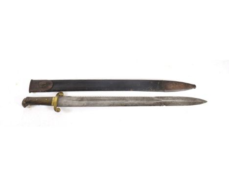 An Early 19th Continental Pioneer Sword, the 53cm saw-back steel blade with a central narrow fuller to each side, the brass c