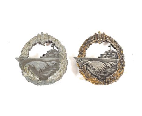A German Third Reich Destoyers War Badge, first type, in grey metal, the solid back with suspension hook and horizontal needl
