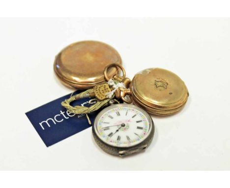 THREE POCKET WATCHEScomprising a gold plated full hunter, with Pan America to the white enamel dial, with Roman numerals in b