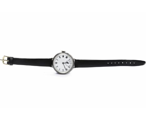 WWI SILVER TRENCH WATCHthe white enamel dial with Roman numerals in black, with subsidiary seconds, the signed fifteen jewel 