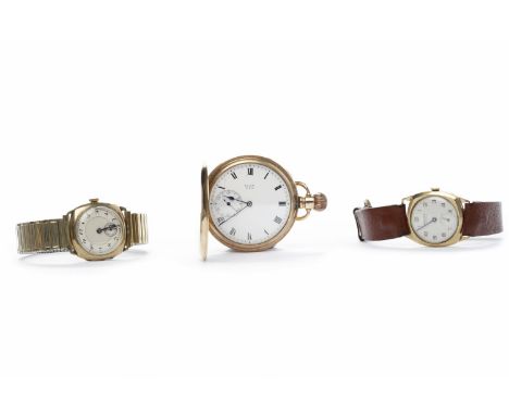 GOLD PLATED FULL HUNTER ELGIN POCKET WATCHthe white enamel dial with subsidiary seconds at 9; along with two Gentleman's mid 