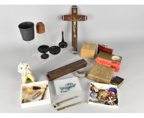 A Collection of Curios to Comprise Miniature Compass, Wedgwood Pot, Ebonised Dressing Table Items, Wooden Rectangular Pen Box