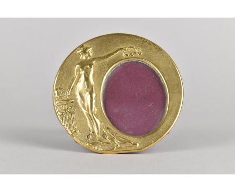 A Continental Brass Art Nouveau Style Miniature Photo Frame with Easel Back, Decorated with Standing Maiden, 8cms Diameter 
