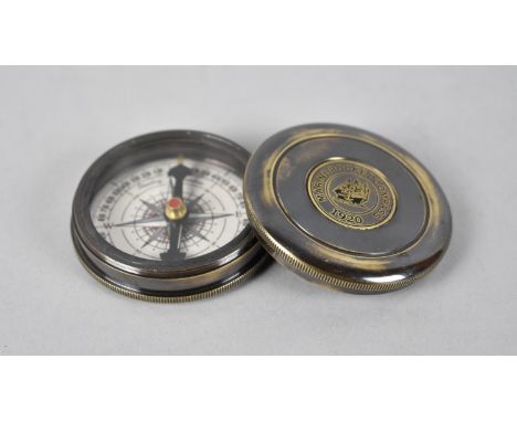 A Small Reproduction Brass Cased Pocket Compass, Hinged Lid Inscribed "The Marine Compass" with Engraved Poem by Robert Frost
