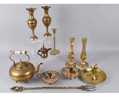 A Collection of Various Brass Items to include Kettle, Candlestick, Bedchamber Stick Etc 