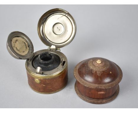 A Late 19th Century Circular Treen Snuff Box, Loss to Circular Lid Rim together with a Victorian Brass and Leather Travelling