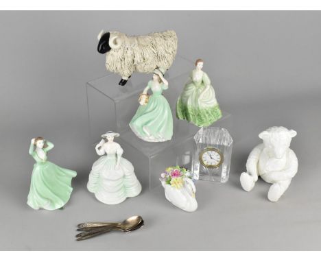 A Collection of Ceramics to Comprise Four Coalport Ladies, Glass Mantle Clock, Silver Plated Teaspoons 