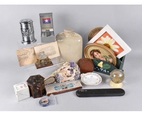 A Collection of Various Sundries to include Hot Water Bottle, Printed Fan, Ladies Wrist Watch, Tea Caddy, Stationery Rack Etc
