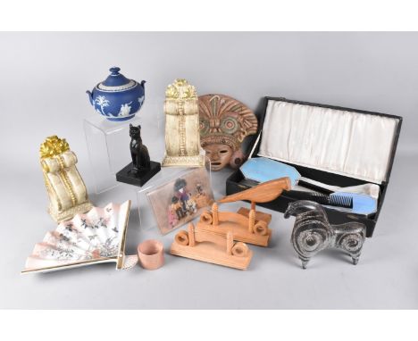 A Collection of Various Sundries to include Ceramic Mask, Porcelain Fan, Egyptian Cat Etc 