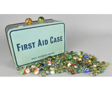 A Vintage Enamelled Boots First Aid Case Containing Various Marbles, 22x15x10cm high 