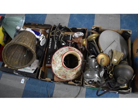 Three Boxes of Various Metalwares, Easel Back Mirror, Pewter Teapot etc 