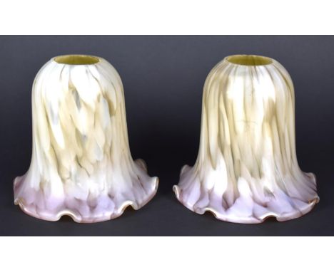 A Pair of Frosted Mottled Glass Light Shades with Wavy Rims, 15cm high 
