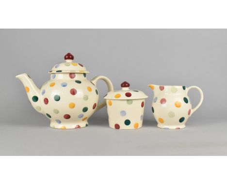 An Emma Bridgewater Three Piece Ceramic Polka Dot Pattern Tea Service to Comprise Teapot, Milk Jug and Lidded Sugar 