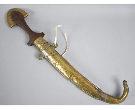 An Indian Curved Blade Dagger with Brass Mounted Wooden Handle and Scabbard, 41cms Long 