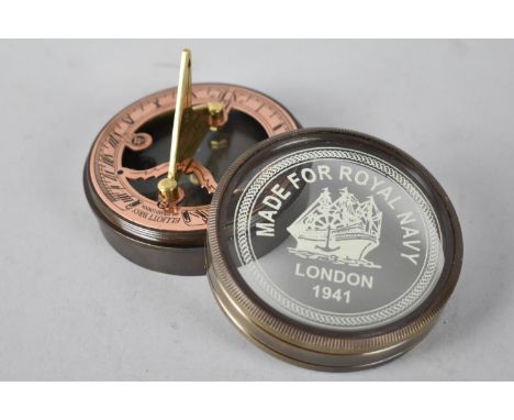 A Reproduction Circular Brass Pocket Compass, Glazed Lid Inscribed for Royal Navy London, 1941, 6.5cms Diameter 