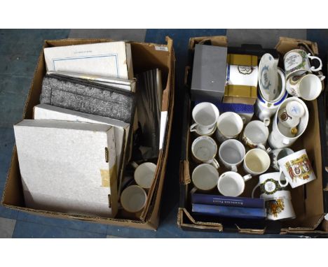 Two Boxes of Various Commemorative Items to Comprise Ceramic Mugs, Teapot, Plates etc 