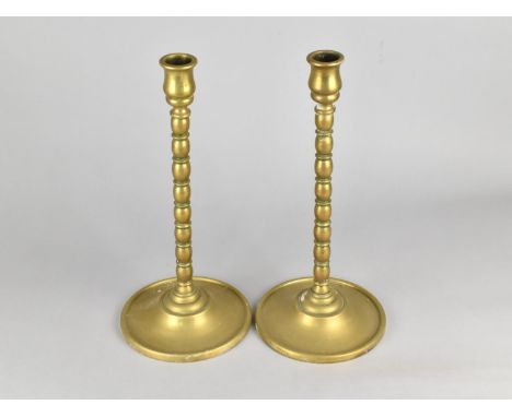 A Pair of Early 20th Century Brass Bobbin Candlesticks, 33cms High 