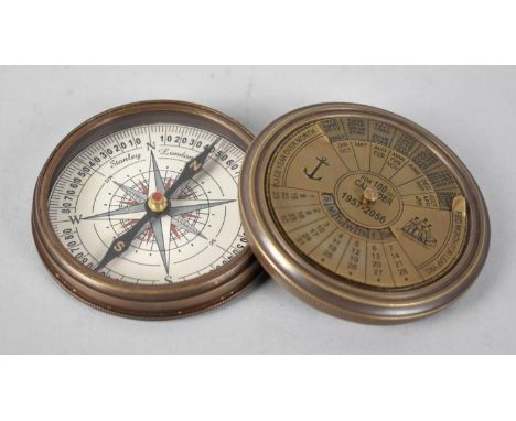 A Reproduction Brass Cased Circular Compass, Screw Off Lid Having 100 Year Calendar for 1957-2056, 7.5cms Diameter 
