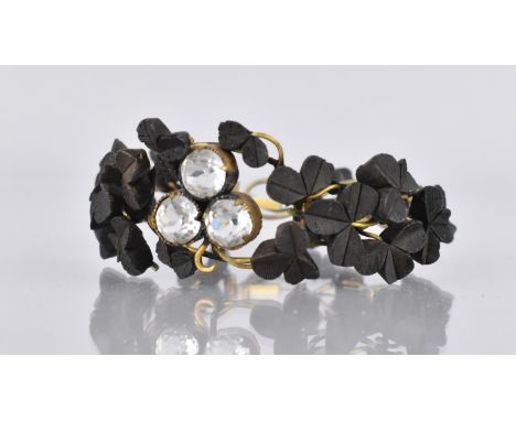 A Victorian Irish Bog Oak Bangle Having Central Paste Stone Shamrock, Gilt Metal Wirework Hinged Frame Mounted with Additiona