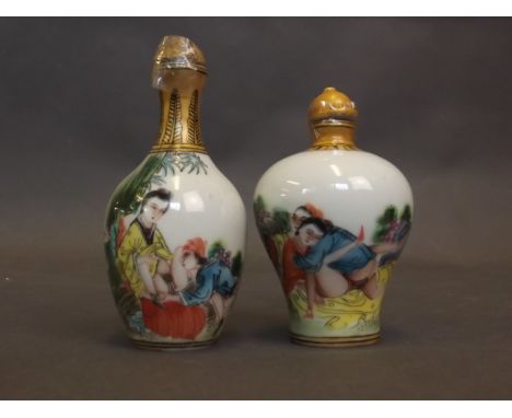 Two small Chinese porcelain scent bottles decorated with painted enamel erotic scenes, 4 character mark, largest 3¾'' high