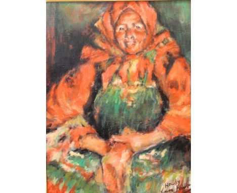 After Laura Knight, 'Houdy', oil on prepared board, portrait of a gypsy woman in a red shawl, inscribed 'Houdy, Laura Knight'