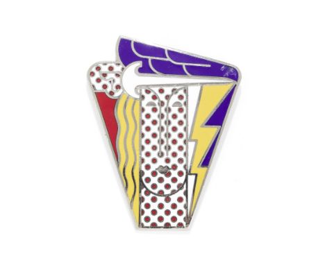 ROY LICHTENSTEIN: ENAMEL 'MODERN HEAD' BROOCH/PENDANT, 1968Decorated in enamel with primary colours, the white enamel face wi