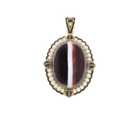 BANDED AGATE, PEARL AND ENAMEL PENDANT, CIRCA 1860The large banded agate cabochon within a half pearl and black enamel surrou