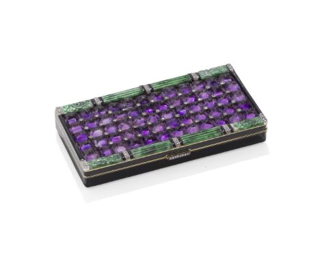 VAN CLEEF &amp; ARPELS: ART DECO AMETHYST, JADE, DIAMOND AND ENAMEL NÉCESSAIRE, CIRCA 1925-30The cover set with buff-top suga