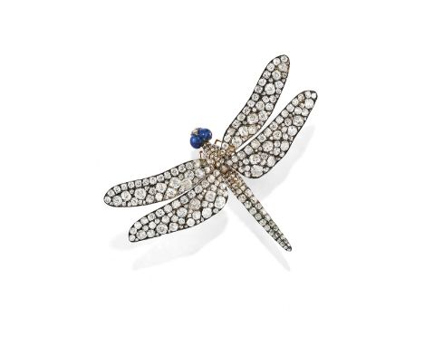 DIAMOND AND ENAMEL DRAGONFLY BROOCH, CIRCA 1890Set throughout with cushion-shaped, old brilliant and rose-cut diamonds, with 