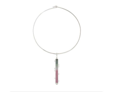 GRIMA: TOURMALINE AND DIAMOND COLLAR, 1991The elongated rectangular step-cut watermelon tourmaline, weighing 25.50 carats, ac