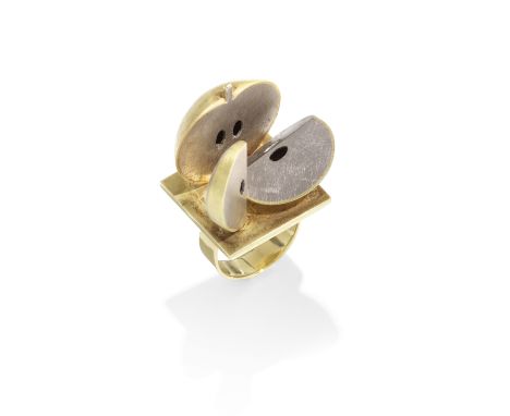 BRUNO MARTINAZZI: A LIMITED EDITION GOLD 'APPLE SLICE' RING, 1971The apple slices in brushed 18 carat bicoloured gold, signed