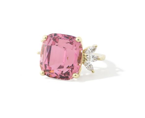 SPINEL AND DIAMOND RINGThe cushion-shaped spinel, weighing 26.12 carats, between marquise-cut diamonds, ring size NFootnotes: