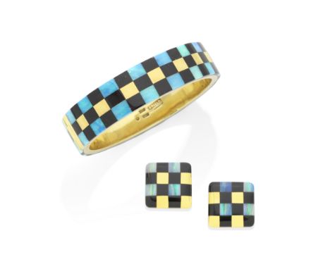 ANGELA CUMMINGS: OPAL AND GEM-SET BANGLE, DATED 1984 AND PAIR OF EARCLIPS, DATED 1982The bangle of chequerboard design, inlai