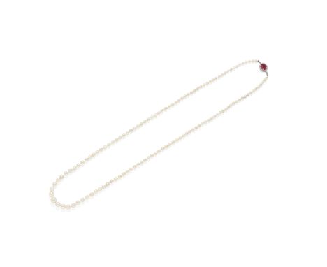 NATURAL PEARL NECKLACE WITH SYNTHETIC RUBY AND DIAMOND CLASPThe single-strand of one hundred and twenty five natural pearls g